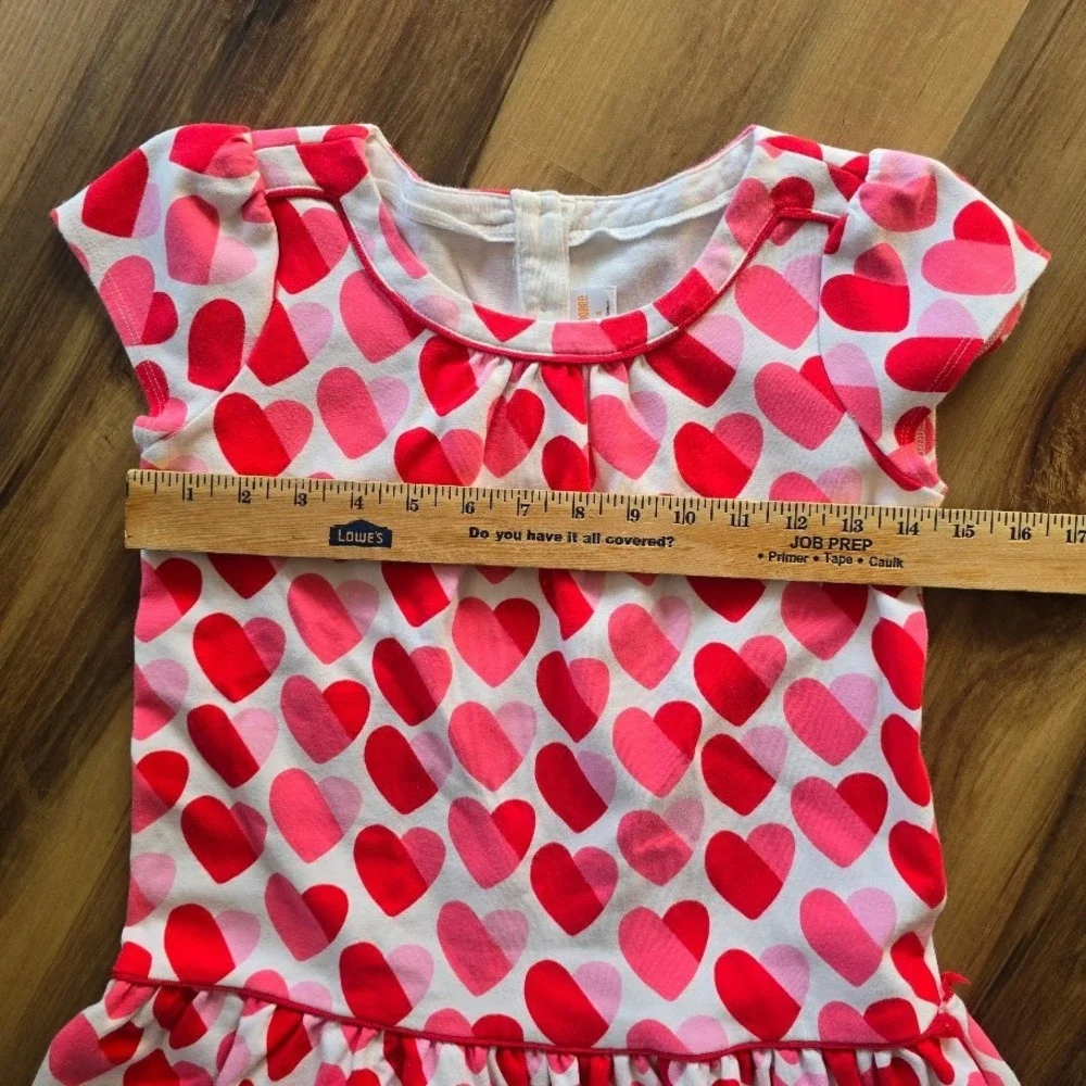 Gymboree Heart Print‎ Dress Kids Size 12 Pink Red Short Sleeve Drop Waist Love